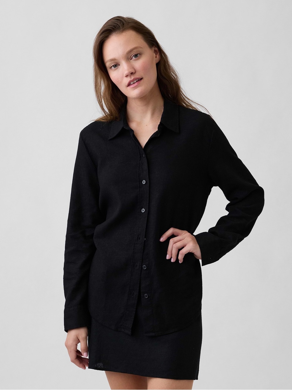 GAP Oversized Linen-Blend Easy Shirt in Black - Size XL